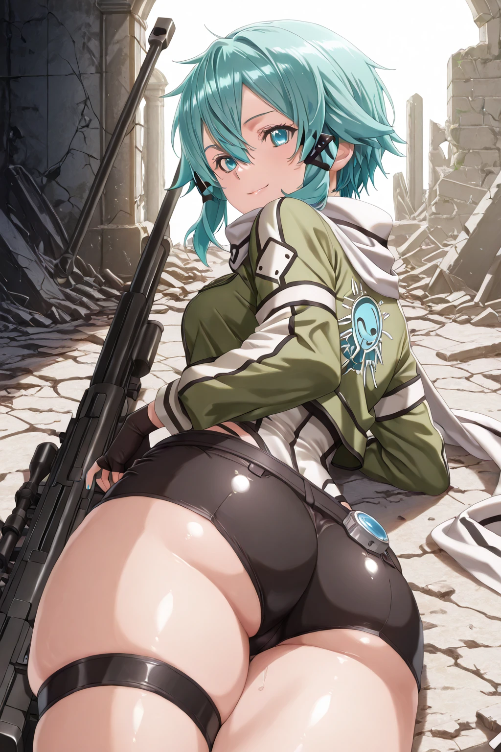 (masterpiece, highest quality, perfect anatomy, textile shading, gleaming skin, detailed skin,), BREAK expressive eyes, perfect face, highres, sinon1, scarf, fingerless gloves, sleevesless, short shorts, hair ornament, hairclip, green thighhighs, thigh strap, field, ruins background,outdoors, beach,(((raise ASS:1.3))),(ass focus,from behind:1.3),(looking back,all fours:1.3),(cameltoe:1.3),