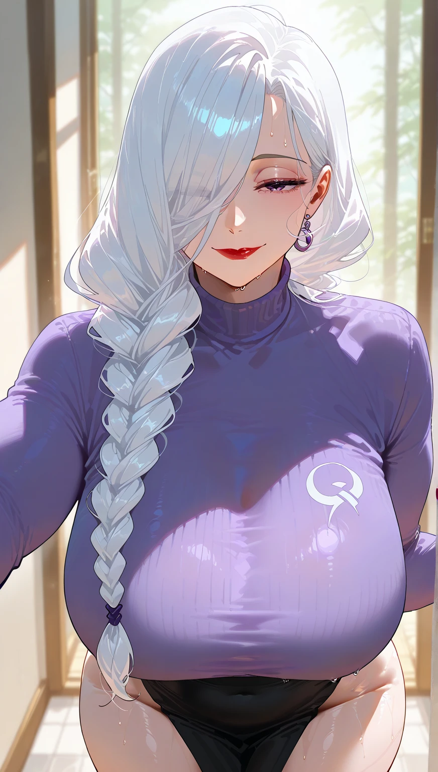 White hair girl, braided bangs,huge breasts, hair over one eye, long sleeves, black dress, 
