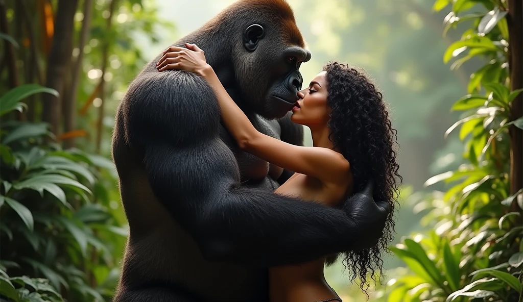 giant gorilla monster  carries topless beautiful  bikini young  teen girl in his arms embrace sitting on his lap cuddling  kissing nsfw