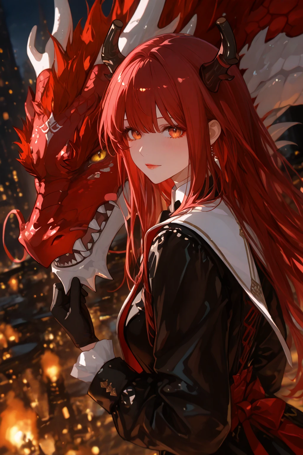 Red-haired girl, Yellow eyes, cat ears, cold and dead eyes looking at the red sky, a shooting star and a red dragon passing by