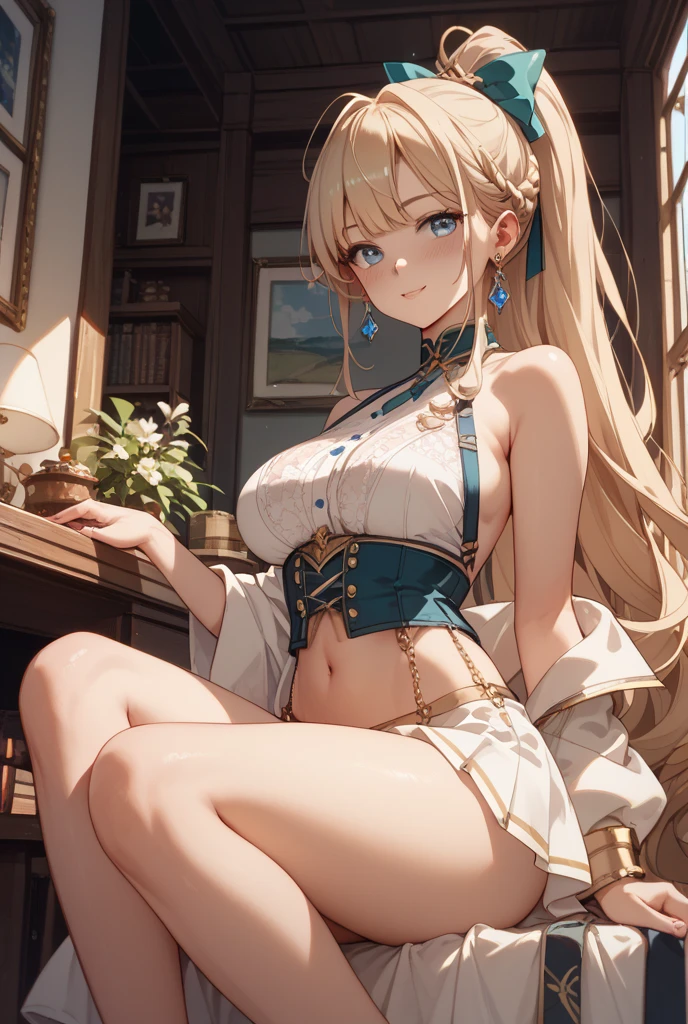 (Extreme Detail CG Unity 8K Wallpapers，tmasterpiece，Highest image quality)，(Delicate light and shadow，The picture is highly dramatic)，Ray traching，classical bedroom，looking at book ，Correct ???????，long  white hair，Golden eyes，Nice face，lipstick，Red eyeshadow，long eyelasher，Wear casual attire，Slender figure，sit on chair，ellegance，Next to it is a table，Faraway view，wide angles，4/3 angles，Authentic texture，Correct fingers，