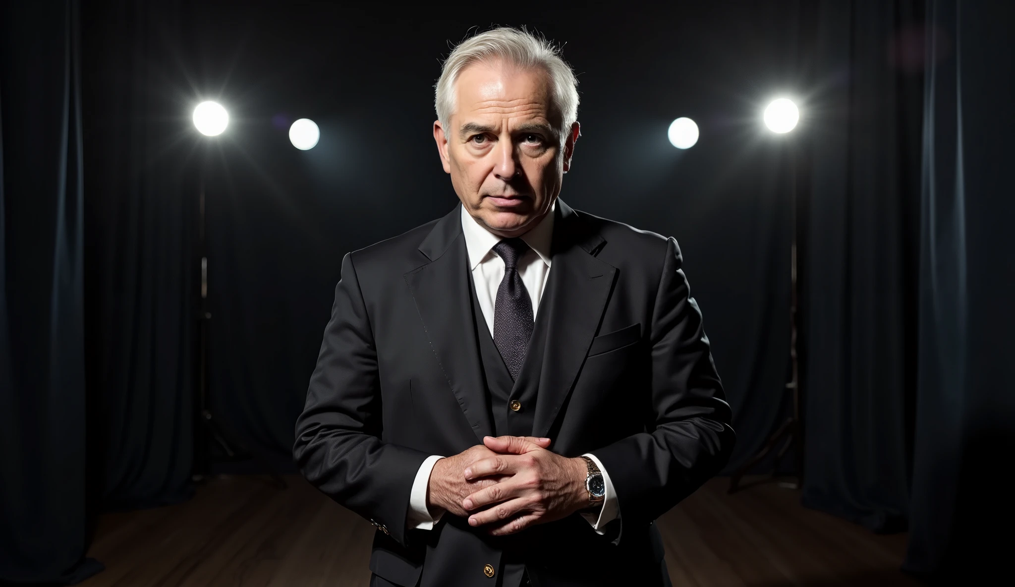 A mysterious presenter, just over 65 years old, white hair, wearing a classic dark suit and tie, clean-shaven and with his hair parted to the side, in a minimalist, shadowy studio with dramatic lighting inspired by 1960s noir TV shows. Charismatic, serious expression, hands clasped.
