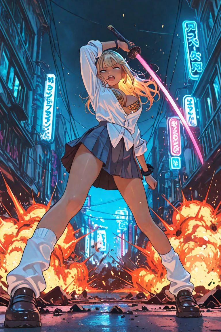 masterpiece, teenage girl in pink military uniform, topless, blonde, twintails, pink camouflage stockings, high boots, scene from an action movie, big explosions, dynamic pose, fire, rockets starting, firing a giant ak47 in her hands, ultra detailed face, ultra realistic, realistic skin, rambo, low angle