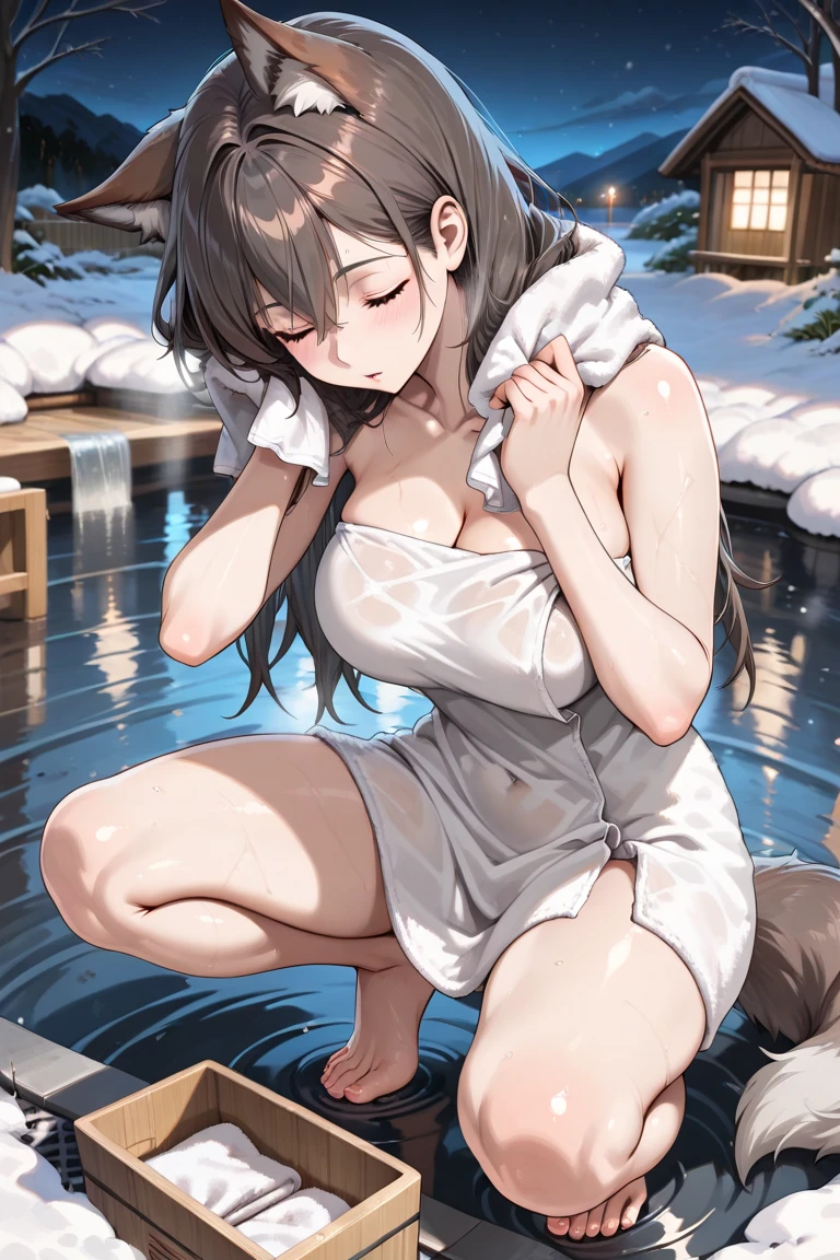 masterpiece, best quality, 1girl, solo, <lora:mica-nikke-richy-v1:1> micasb, very long hair, hairband, towel, naked towel, holding towel, hot spring, onsen, sitting, partially submerged, dark, darkness, night, night sky, winter, parted lips, looking at viewer, shy, hand on own chest
