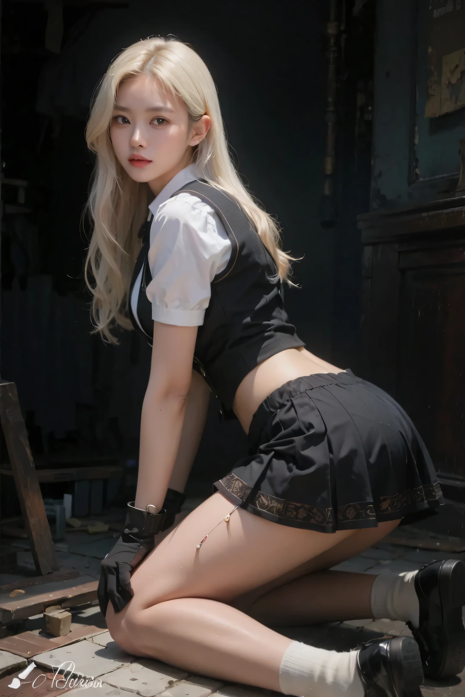 1girl, (Blue Eyes), (smiling :1.2), (Sana Minatozaki), (wide hips :1.2), Big tits, (big ass), (thin waist: 1.2), (thick and toned thighs :1.1), (Best Quality, 8k, Masterpiece: 1.3), Clear Focus: 1.2, Perfect Body Beauty: 1.4, strong abs, Highly detailed face and skin texture, detailed eyes, double eyelids, (shiny skin), (blonde long straight hair), ((black tanktop)), ((black pleated short skirt :1.3)), police hat, standing, showing thong, (look back :1.2), (view from back :1.2), (view from below :1.2), in a living room