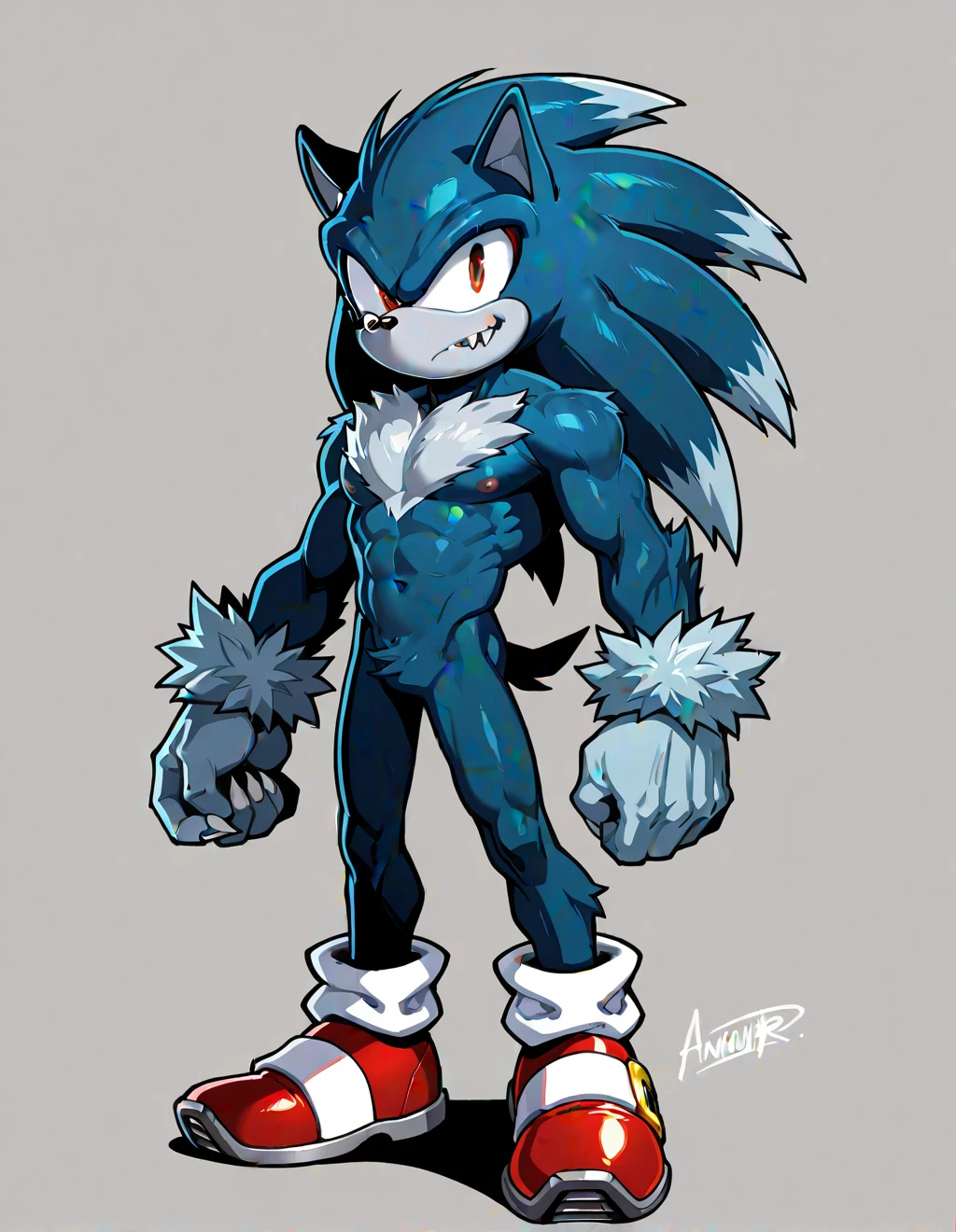 batman_sonic, solo, simple background, 1boy, standing, full body, male focus, ears, grey background, muscular, abs, muscular male, blue theme, arms at sides, source