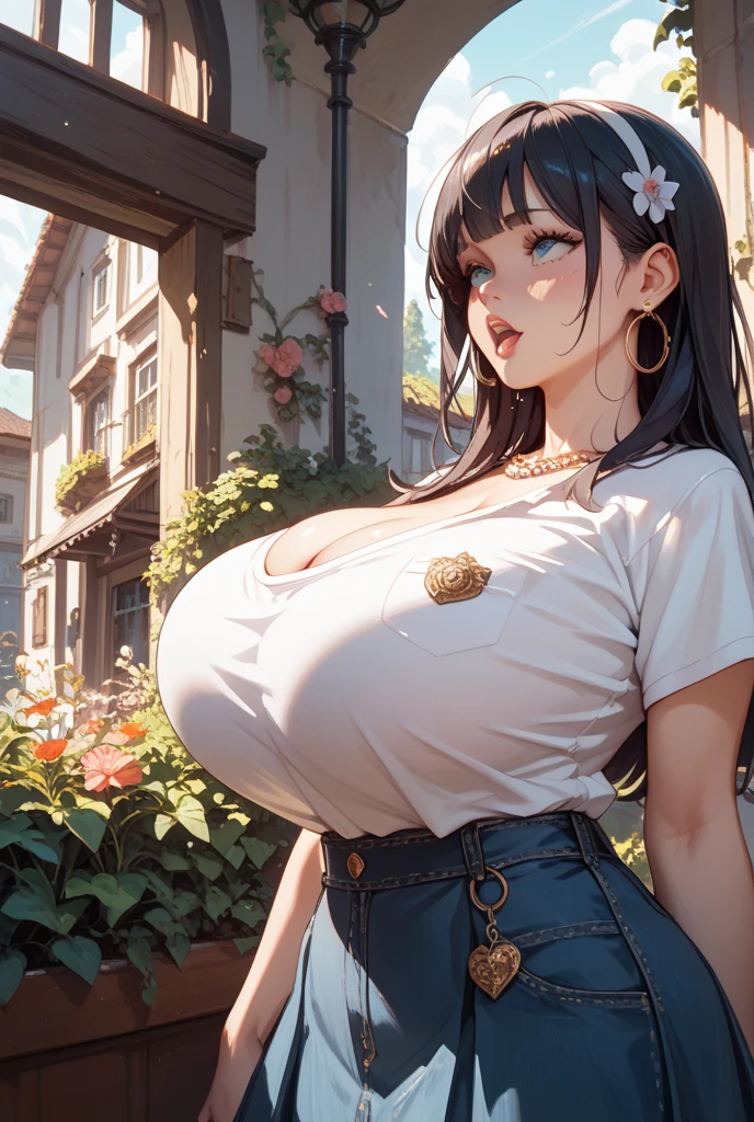 1female，45 yers old，A MILF，熟妇，mature，Married woman is a little fat，The chest is large，Huge cleavage， A sagging breast，独奏，（Background with：the rainforest，） ，high ponytails，Short hair details，seen from the front， The sky is mostly cloudy，（（（tmasterpiece），（Very detailed CG unified 8k wallpaper），Best quality at best，电影灯光，detailed back ground，beautidful eyes，Bright pupils，黑The eye，Snow-whiteskin，Redlip（very delicate beautiful），（Beautiful and detailed eye descriptions），ultra - detailed，tmasterpiece，））facing at the camera，A high resolution，ultra - detailed），The chest is large，A sagging breast，revealing breasts，Bare genitals，  convex，legs are open，Raised sexy，Camel toes，face flushed，，（dressed in：denim short，Transparent apron）