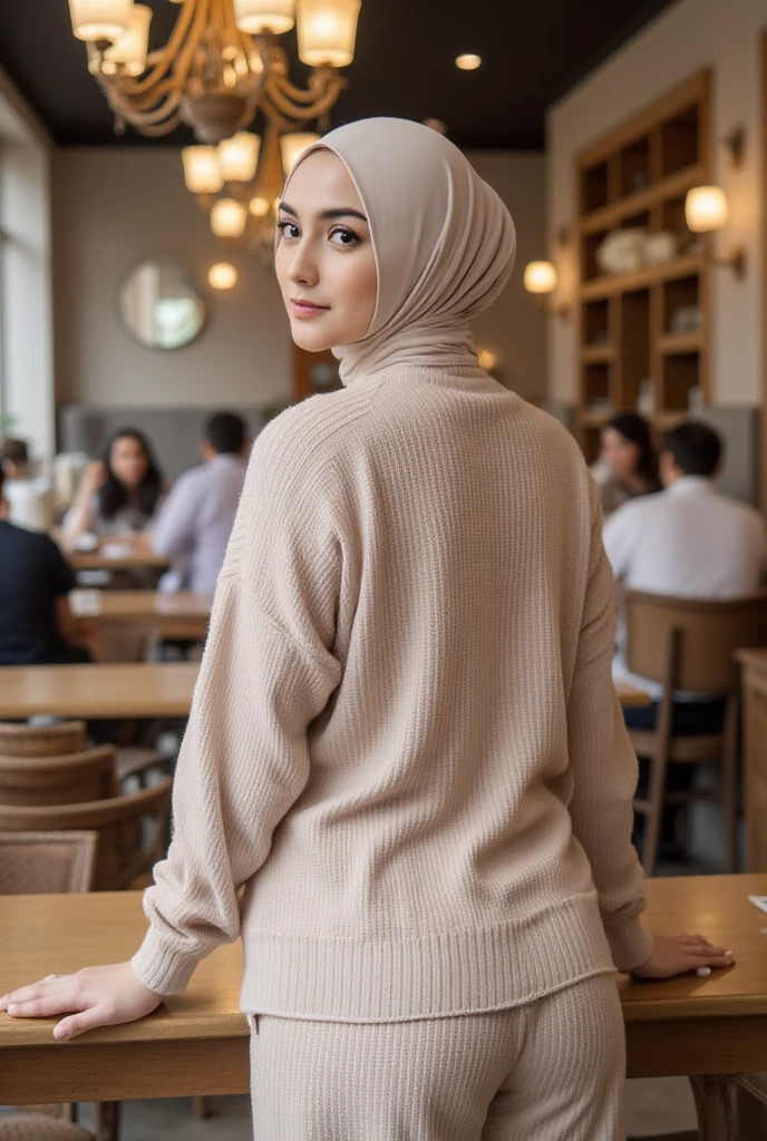 (best quality,4k,8k,highres,masterpiece:1.2),ultra-detailed,(realistic,photorealistic,photo-realistic:1.37),portrait, woman, hijab, casual outfit, sitting, chair, table, detailed eyes, detailed lips, serene expression, graceful pose, soft lighting, vibrant colors