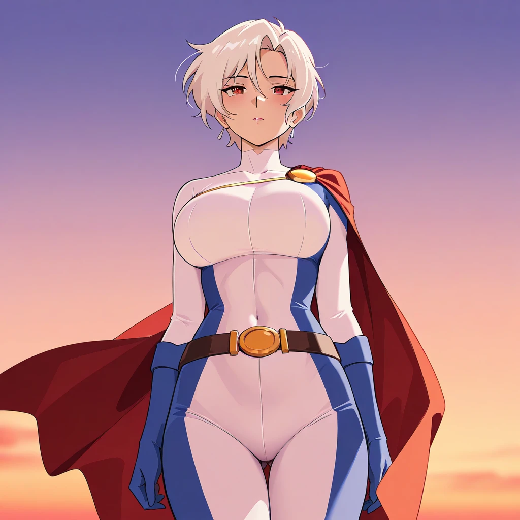 ((highest quality)), ((masterpiece)), ((hyperrealistic)), (detailed background), anime style, solo, 1girl, 2B, ((curvy: 1.2)), kawaii, ((Lamé 
 Black and white leotard)), ((catsuit)), white hair, ahoge, forehead, parted bangs, (Velvet cloak de cour), ((huge breasts)), (zettai ryouiki black knee socks), (big butt), (thighs), (groin), beautiful eyes, perfect face, Perfect hands, perfect fingers, Blue sky and grassland,