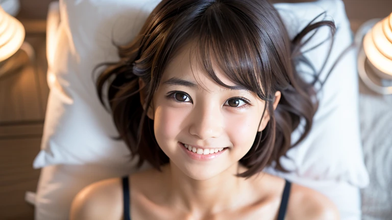 One girl, Fluffy short hair,Black Hair,smile, Tank top,Bed,Lying on your back,Big eyes,Innocence,5th grade elementary school,Look here,Small swelling in chest,transparent, (masterpiece, Highest quality), Soft Light, Structure of the film, Like a movie