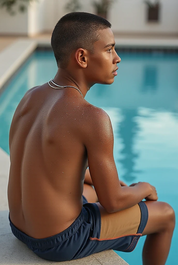 A black boy in swim trunks by the pool