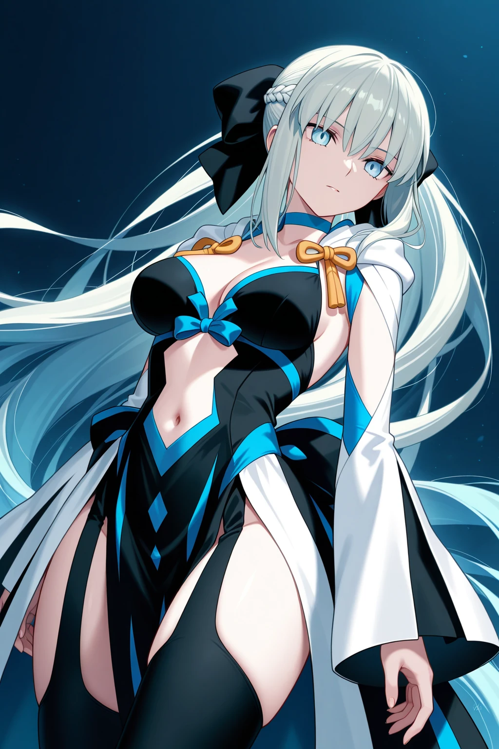 4 k 漫画壁纸, 动漫艺术壁纸 8 K,动漫壁纸, 动漫风格 4K, 美丽的动漫艺术品,1girl, black dress, bow, braid, breasts, detached sleeves, dress, floating hair, French braid, highness, long hair, looking at the viewer, medium breasts, navel, ponytail,, sidelocks, solo, spikes, staff, tiara, very long hair, wide sleeves, fate/grand order, Morgan le Fay