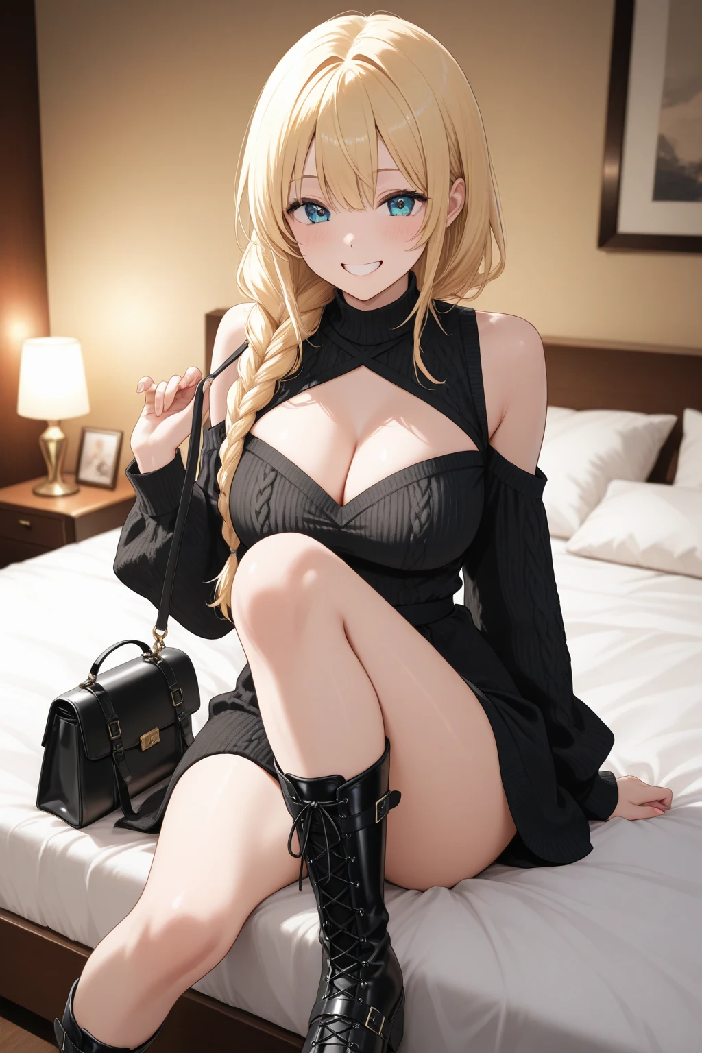 1girl, blond hair, green eyes, goth, dress 