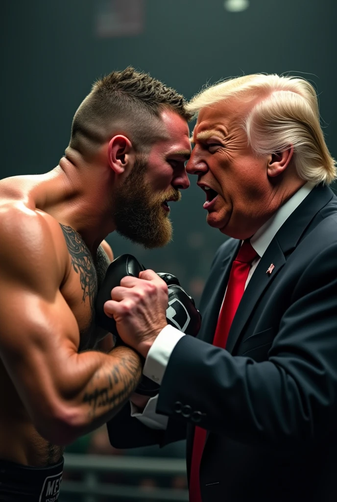 A scene depicting former U.S. President Donald Trump being attacked by an assassin who fired a gun at him. Despite having blood on his face, he managed to escape and is shown fearless and defiant, fighting back with a raised fist under the American flag. The background includes the American flag waving prominently, with Trump standing in a determined and combative stance, his face showing signs of injury but his spirit undaunted.