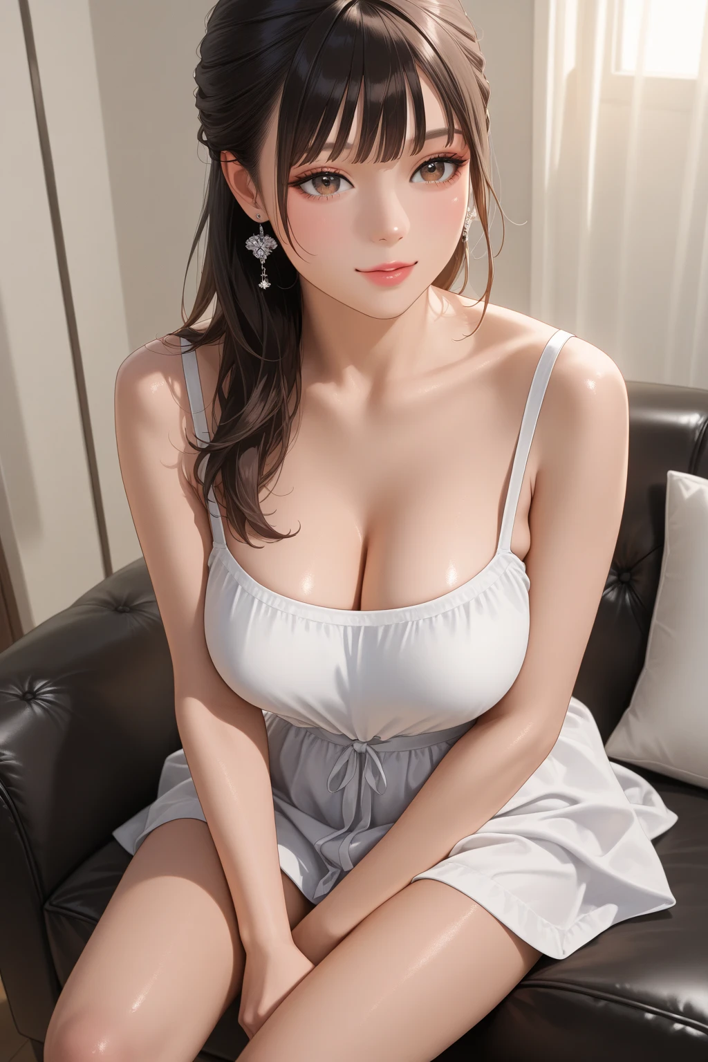highest quality, Japanese women, Plump, highest quality, One girl、big breasts, Blunt bangs, Long black hair, seductive pose, Soft lighting,Instagrammer, college student with computer at cafe, looking at camera at table, happy atmosphere、(leaning forward:1.3), (hands on knees:1.3)、 nude、