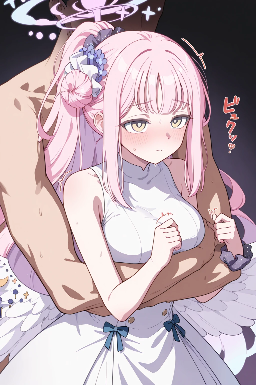Score_9, score_8_up, score_7_up, rating:questionable, source_anime, GBOSER, 1girl, (skinny body), 1boy, couple, solo focus, silence suzuka \(umamusume\), (multicolored hair), blonde and pink hair, streaked hair, white hairband, blunt bangs, green eyes, horse tail, arms behind back, (shiny skin), shiny reflective skin, slutty_clothes, gyaru, dark-skinned female, metallic tan, very dark skin, shiny oiled skin, makeup, pink eyeshadows, fat lips,  pink lips, jewelry, silver slingshot swimsuit, miniskirt, silver glitter skirt, fishnets, o-rings, chain-belt, fur coat, bare shoulders, areolae slip, looking down, Dismissive, Jeering, serious, v-shaped eyebows, looking at viewer, flat chest, dark areolae, covered nipple, collarbone, ribs, ilium, BREAK (1boy), shirt, faceless male, male face out of frame, size differrnce, breast grab, grabbing breast, grabbing from behind, arm over shoulder, midtown, tokyo, neon lights, night city, 