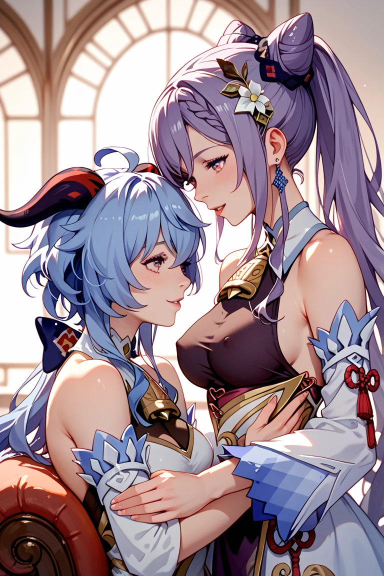 score_9, score_8_up, score_7_up, source_anime, BREAK, ((alp)), 2girls, ganyu genshin impact shenhe genshin impact, embracing eachother, looking at viewer, blush, embarassed, conjoined breast press, yuri, conjoined breasts, conjoined twins