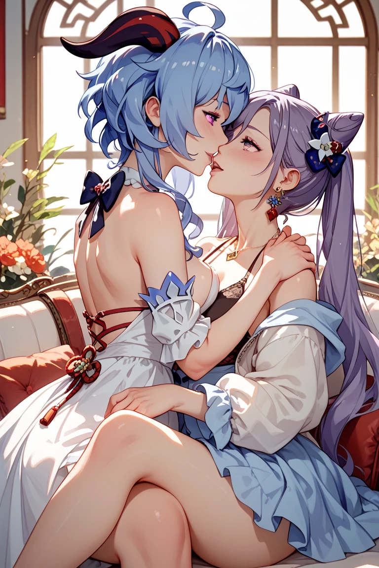 2 girls， brown  hair， O cabelo multicolorido， Green eyes， maidennurse， maid headdress， maid apronl， SakuraNS， rays of sunshine， the wallpaper，lilie，Close your eyes and kiss in a café，blush，huge tit，Beautiful and moving，Blue eyes，Red eyes，Japan goddess