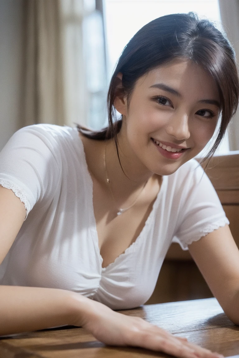 Highest quality, Aster Piece, 8K, Ultra-high resolution, (Photorealistic:1.4), One Girl, Beautiful expression, Symmetrical eyes, Skinny Japanese woman, 30 years old, Small breasts, Narrow waist, High school uniform, Look at the viewers, (Inside the hotel:1.2), View from the front, shoulder, Absolute area(1.3), Laughter,