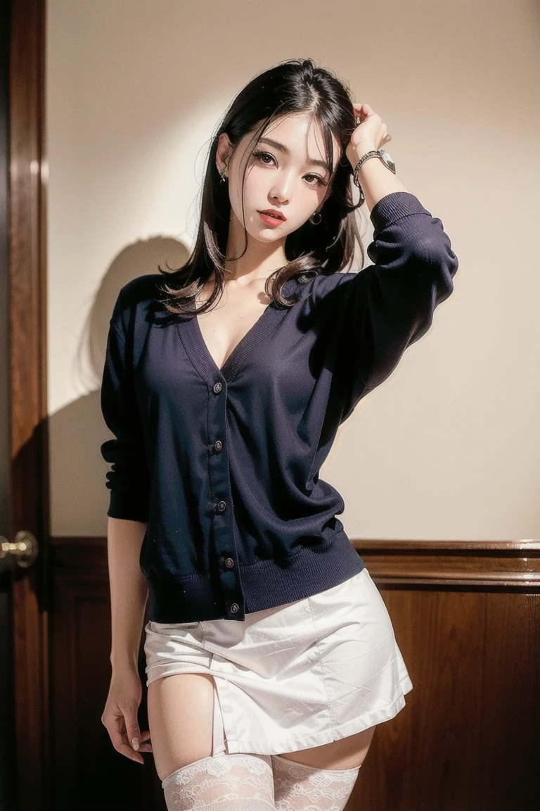 Woman sitting on the bank of a river、Standing with both knees together、Legs stretched out in front、Beauty、20-year-old、university student、Well-balanced proportionedium build、Small face、Small breasts、Small Ass、A strong wind is blowing、grassland、There are a lot of trees、She is wearing a navy blue short-sleeved long dress、Wearing white panties、Wearing pumps、Uniform left and right eyes、blue sky、, black hair, long hair, messy hair, floating hair, earrings, parted lips, happy, seductive smile, Surrealism, Verism, cinematic lighting, first-person view, f/1.2, Nikon, UHD, best quality, highres, 8k, anatomically correct