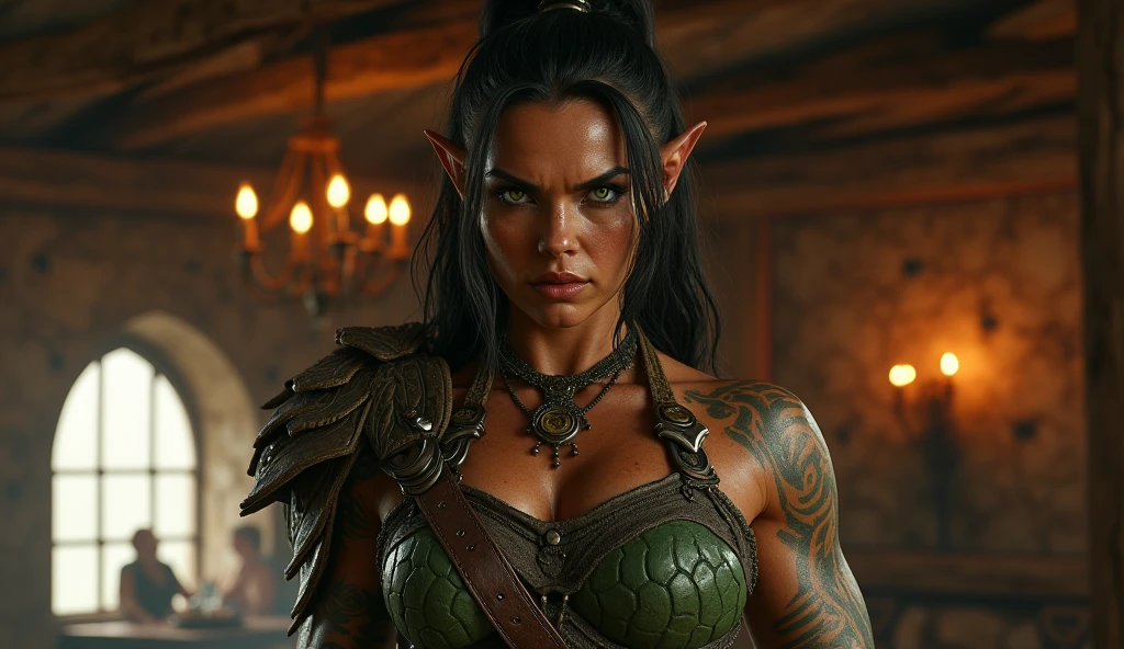 1girl, githyanki, female, navel, jewelry, pointy ears, flat nose, DD breasts, necklace, hair bun, cleavage, ((masterpiece, best quality)), realistic, (photorealistic:1.4) 