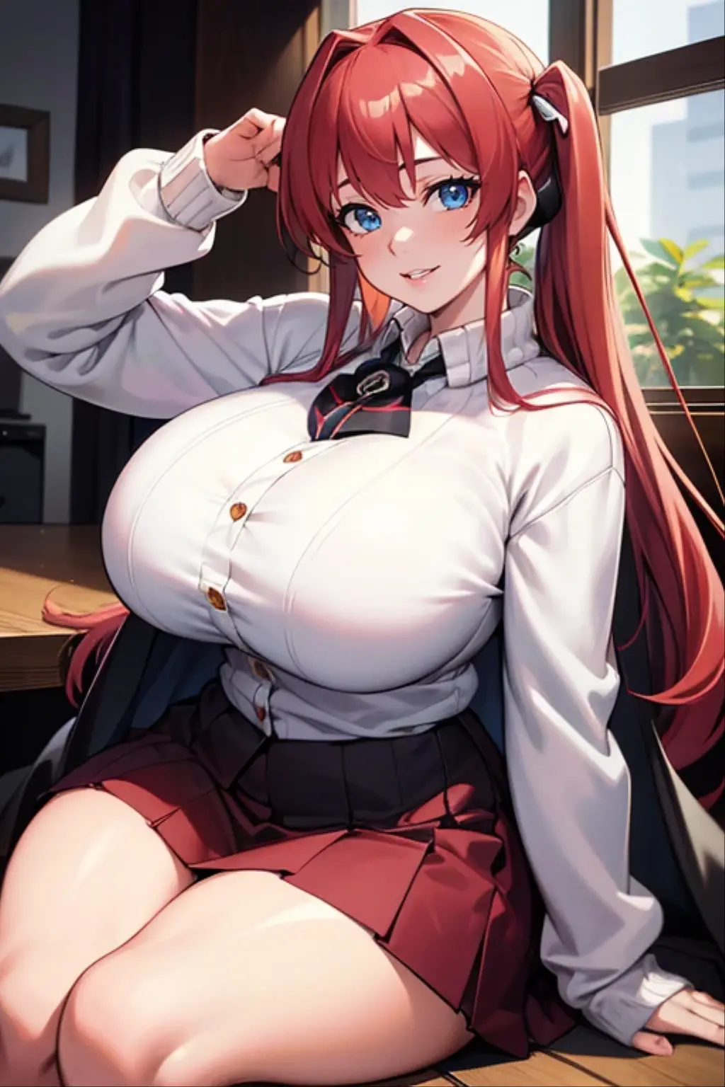 Screenshot of My Hero Academia woman Beautiful badass girl with tattoos red red hair very large breasts brown eyes in a classroom
