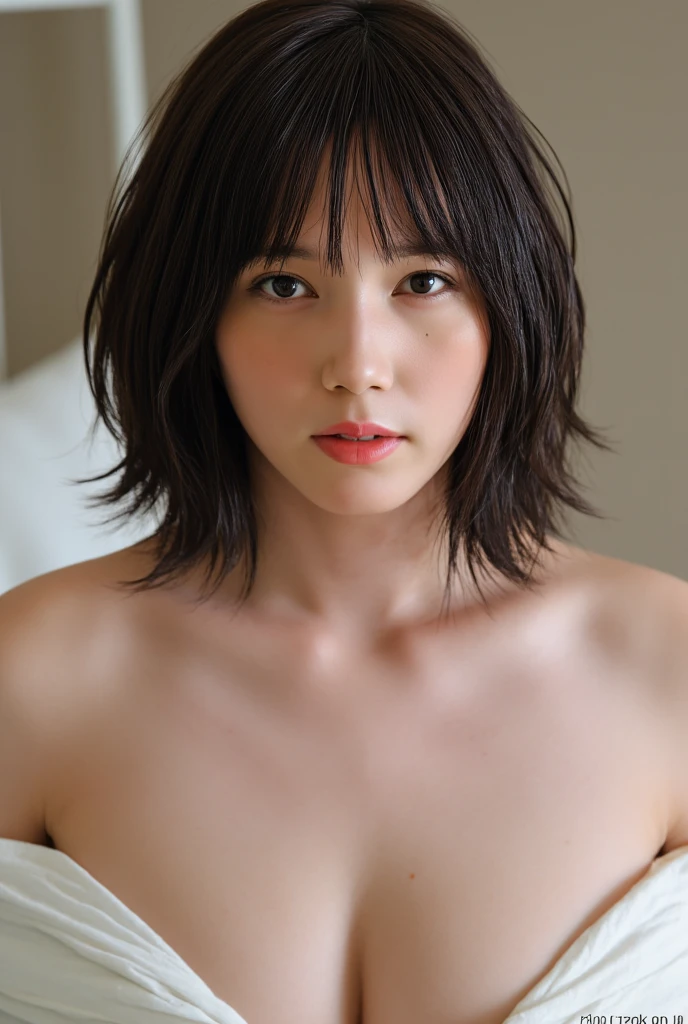 (masterpiece:1.2), Very detailed, Ultra-high resolution, (Realistic, photo Realistic:1.6), High-resolution RAW color photos, Professional photos, Dramatic lighting, Sensual movie scenes、Sharp focus:1.2, (Very detailed顔と肌の質感, Very beautiful eyes, Glossのある肌, Glowing Skin, Glowing Skin, Shining Face, Gloss, Oily skin, greasy face, Oily skin, greasy face,), Perfect Anatomy, Very detailed背景, 1 female, 25-year-old woman, Japanese women,,Young and sexy gravure idol,Height: 168cm, (Short Bob Hair, Straight hair, bangs:1.3, Brown Hair), (Lean：Weight 1.0), (Flat Chest:1.7),(Slender legs:1.4),(dim:1.4),Woman sucking big penis:1.7