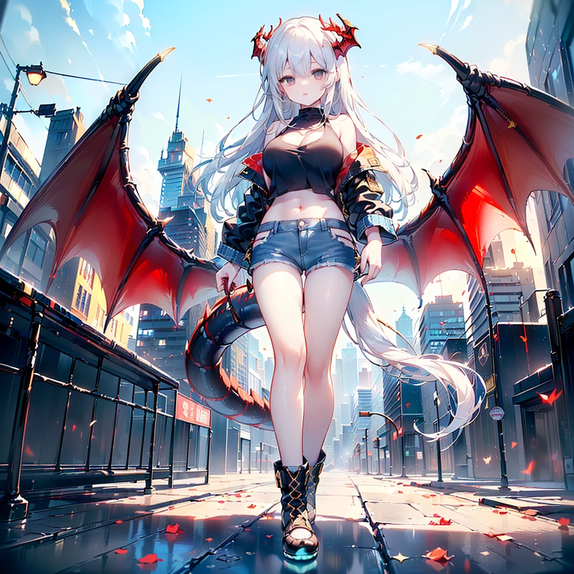 (masterpiece, Highest quality), (Perfect athletic body:1.2), (Fine hair), Very detailed, Anime Style, whole body, alone, Cyberpunk Batgirl, In Cyber Kimono, Big Wings, bat ears, White hair and brown skin, high boots, Standing in the Wilderness, High heel boots, 8K high resolution, White Background, whole body,