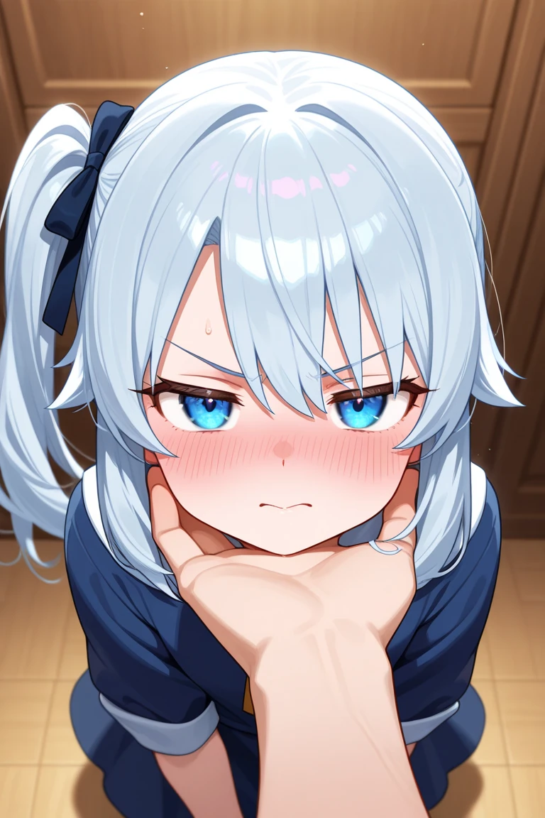 score_9, score_8_above, score_7_above, 1 girl, uzaki_Work, Blue_eyes, short_Hair, gray_Hair, Big_old, Blue Hoodie, black shirt, White skirt, pleated skirt, black pantyhose, desde above, futon, blush, Open mouth, v shaped eyebrows, sweat, to throw, looking at the viewer, All fours, canine, 1 chico, pants, belt,