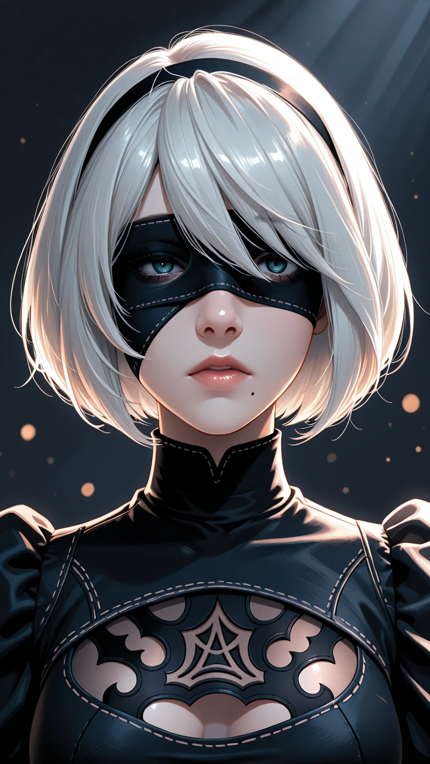 n_2b, beautiful, highly detailed, 4k, close up portrait of blindfold 2b, black and white, snow