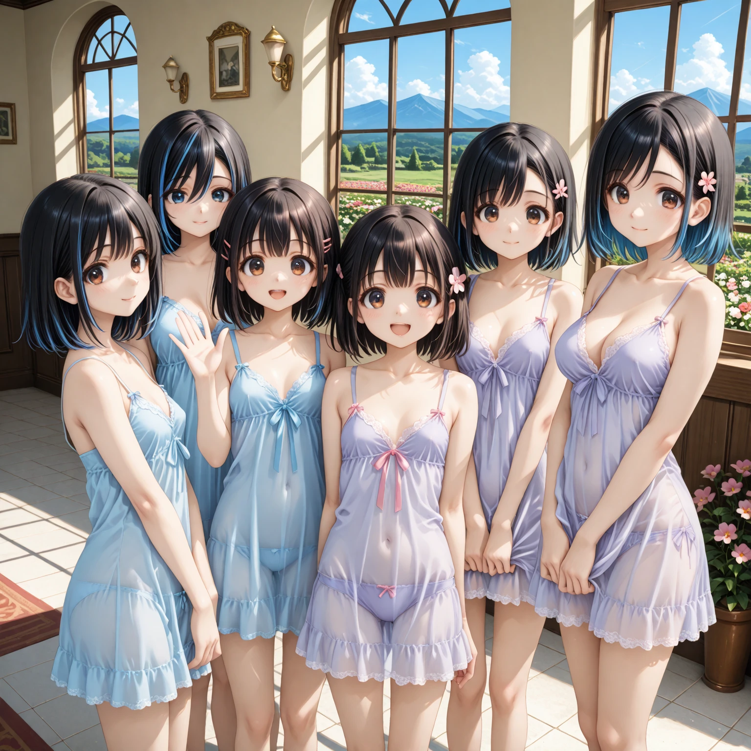 Very detailed, highest quality, High resolution, Moe Anime, (((4 cute girls with droopy eyes))), (Black Hair:1.4), ((Baby Face)), Blue Eyes, Sparkle in the eyes, Big eyes, tareme, View your viewers, Pale skin, Focus on the face, In the park with cherry blossoms falling, ((The upper half of the body is a see-through lace negligee, and the lower half is naked.)), ((nsfw)), ((Very short hairstyle:1.5)), (Slightly below:1.2), (arms behind back:1.6), ((Flat Chest:1.4))