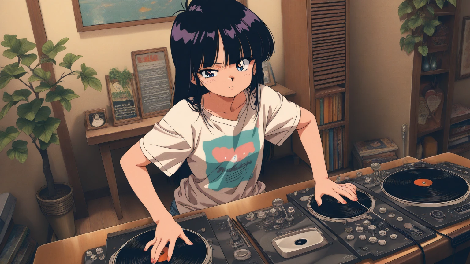 (90s anime),(city pop),(Ghibli),(ultra-detailed,master piece,best quality,high resolution,perfect eyes,perfect hands,ultra-detailed eyes,perfect fingers)(A girl with long hair is wearing headphones and a blue hoodie, working alone on a machine in the middle of the night),(the girl doesn't look this way),(profile),(long hair)
