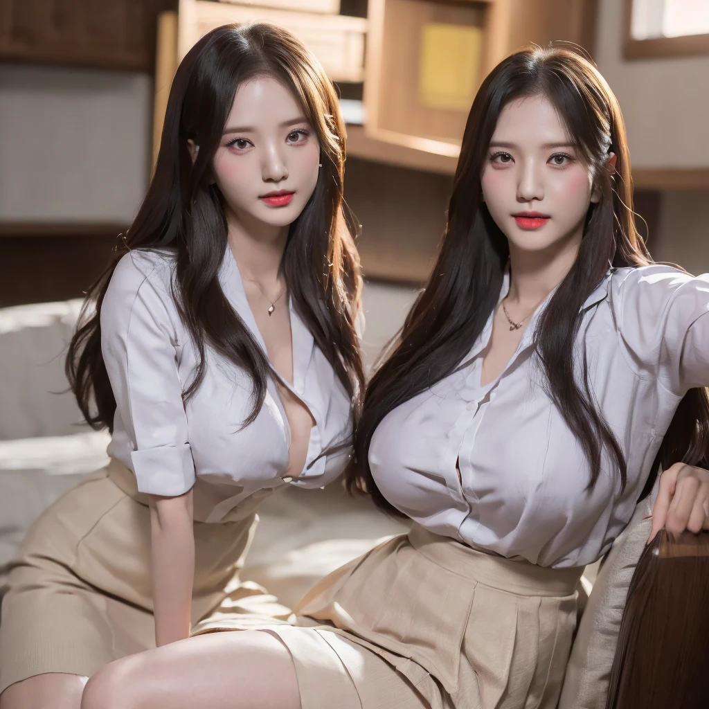 a woman (wearingOffice secretary clothes,Very large breasts, their hair become black hair, their face become beautiful korean face:1.2)