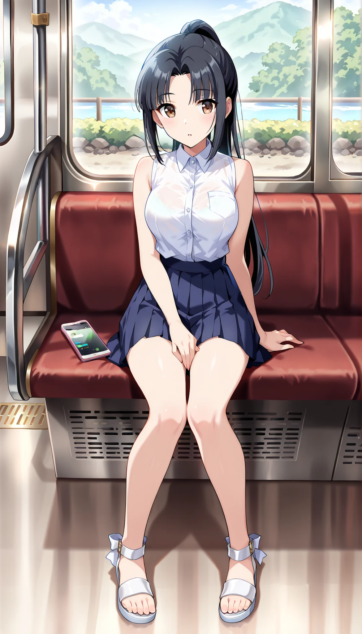 best quality, masterpiece, highres, solo, {yasuhara_ema_shirobako:1.15}, black_hair, low_twintails, twintails, long_hair, green_eyes, bangs, 1girl, blue_shirt, collared_shirt, grey_background, shirt, short_sleeves, upper_body, closed_mouth, gradient, gradient_background, hand_up, looking_to_the_side, simple_background, smile