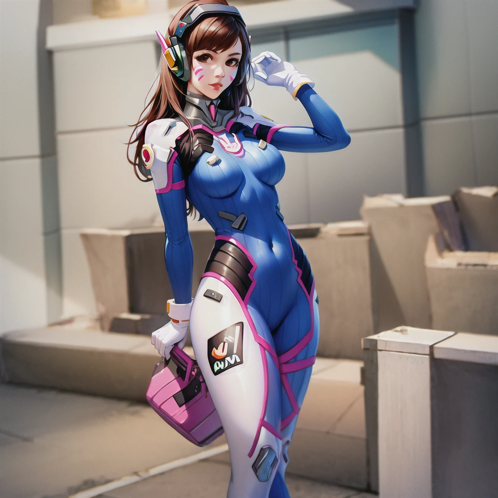 (masterpiece), (best quality),blue_bodysuit, 1girl, d.va_\(overwatch\),  animal_print, bangs, bodysuit, bracer, medium_breasts,  brick_wall, brown_eyes, brown_hair, whisker_markings, bunny_print, pilot_suit, pink_lips, ribbed_bodysuit, character_name, checkered_background, clothes_writing, facepaint, gloves, headphones, high_collar, honeycomb_\(pattern\), honeycomb_background, lips, long_hair, looking_at_viewer,  solo, standing, swept_bangs, thigh_strap, tile_floor, tile_wall, tiles, turtleneck, white_footwear, white_gloves,pilot_suit,shoulder_armor, shoulder_pads, (kbxll:0.6),