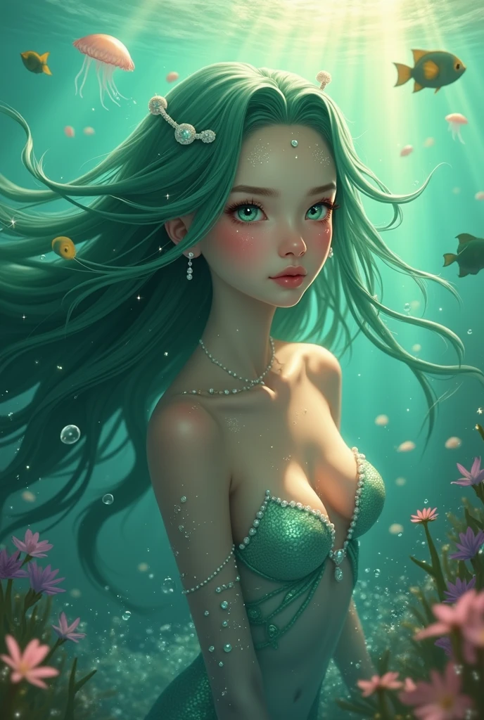 Photorealistic portrait of incredibly beautiful young woman, stunning green eyes, multicolor hair, underwater at night, rays of filtered moonlight in the water illumination. intricate details, HDR, beautifully shot, hyperrealistic, sharp focus, ?? megapixels, perfect composition, high contrast, cinematic, atmospheric, moody