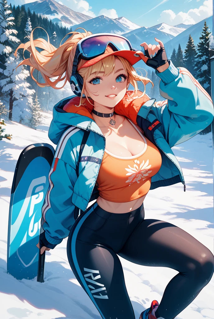 gorgeous blonde girl with long hair, snowboarding down an alpine ski slope, wearing white beanie and scarf, (wearing blue bikini top), wearing blue snow trousers, beautiful detailed glow, detailed, Cinematic light, intricate detail, highres, detailed facial features, high detail, sharp focus, smooth, aesthetic, extremely detailed, stamp, octane render, action shot, winter, fullbody shot, riding snowboard