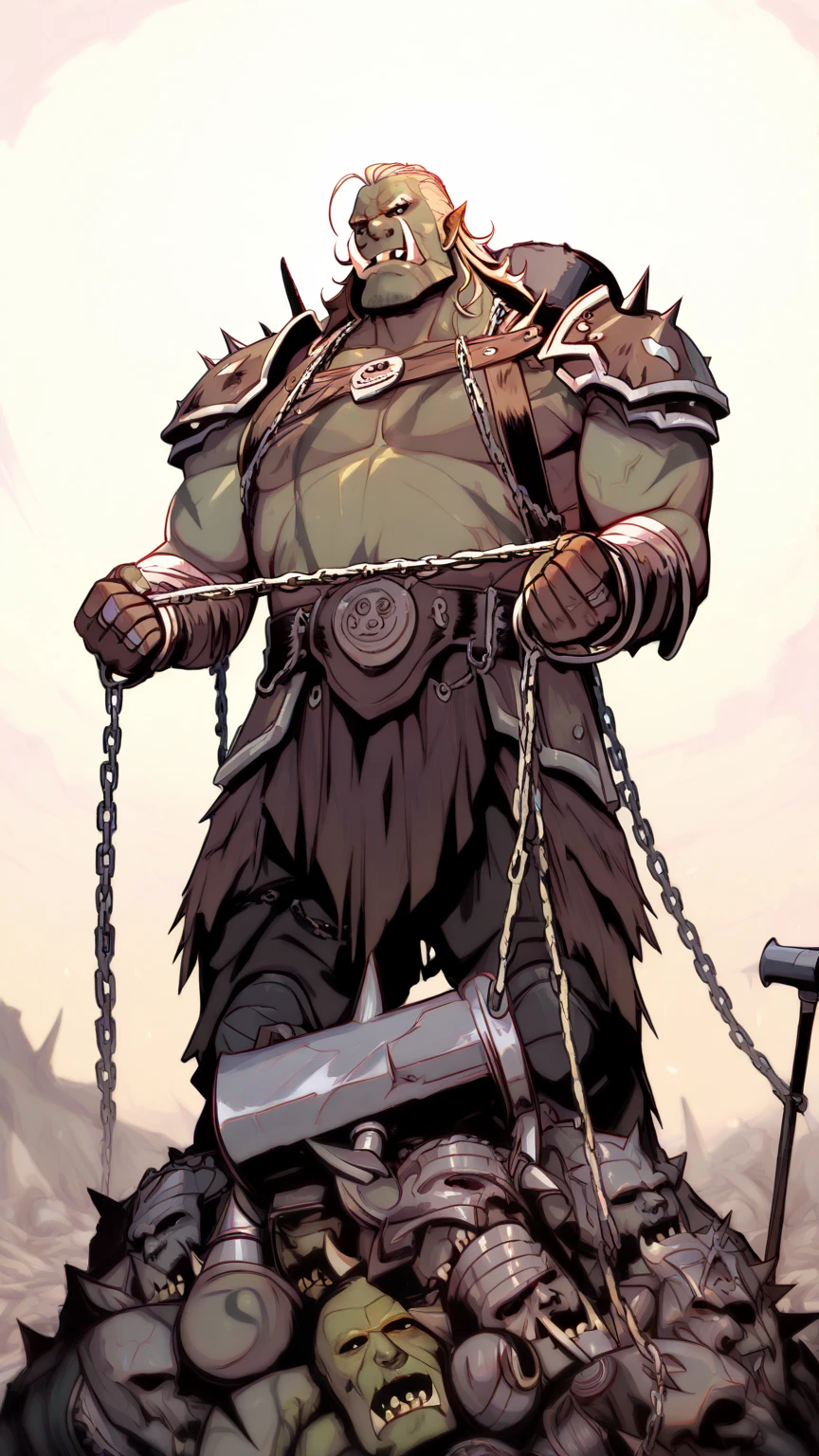 Evang, Comic DC Comics Marvel Cover Art rugged and grizzled leader of a troll army siting on a cracked stone throne surrounded by his minions holding a battle ax and standing on skull as a foot rest, spiked armor shoulder guards and a animal pelts coat, style of Arthur Adams