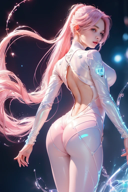(rear view, backside view),,(obra maestra:1.4), ((Mejor calidad:1.4 ),,Ariana Grande, (Organic Cyborgs:1.4) , sonrisa adorable，(plastico pink :1.4) , diffuse lighting, Elegante, intrincado, elegant, muy detallado, natural, Fotorrealista, Pintura Digital, estaciones de arte, illustration, arte conceptual, semillas, sharp focus, El arte de John Collier y Albert Obright y Krenz Kusart y Artem Demura,foto del cuerpo, (background alley walls big stones night cyberpunk :1.4), (ojos detailed azules :1.4), (perfect ???????), {-erro_de_???????:1.0}, (colores brillantes), (pink hybrid human cyborg :1.4), Noche, (hermosa inteligencia artificial transparent pink :1.4),( pose vaquero) 