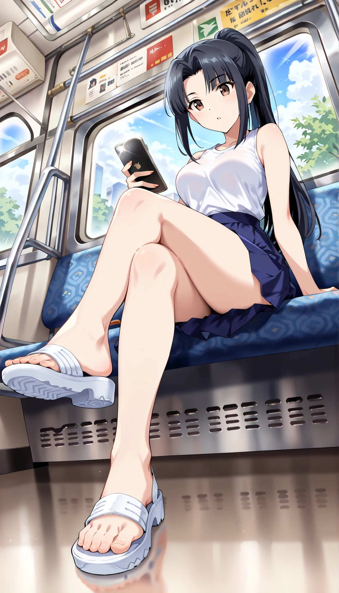 1. Beautiful Women, Big body, Asian Girl, ponytail, Contoured eyelids, Makeup eyelids, Sleeveless shirt, Pink Shirt, Cleavage, skirt, turquoise skirt, High heels, Cream colored shoes, Brown bag, Sit on the bus and sleep, Open your mouth, close your eyes、Love Jure