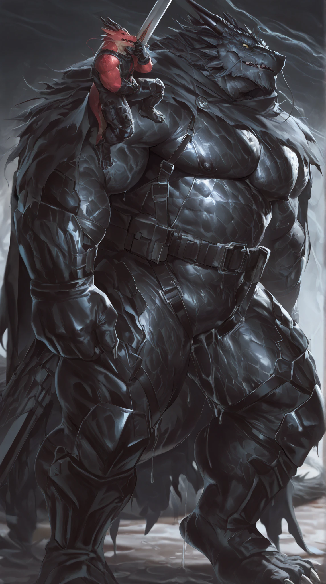 by sligarthetiger, by snao, by sssonic2, (muscular), (bulge), (tall), (abs), (wide hips), (thick thighs), (big butt), male, furry, anthro, canid, canine, canis, wolf, high heels, best quality, illustration, tail, thigh high boots, skimpy armor, choker, platform heels, piercings, long hair, shadow, sword, leg armor, arm gauntlets, armor, chest armor, unconvincing armor, ineffective clothing, long sword, chest armor, torso armor, scars on body, steel bikini, intimidating, high quality, illustration, iron armor, scars, scar, castle, chest tuft, fur cape, earrings, raining, night, black hair, scars on face, scars on chest, scars on legs, scars on arms, black body, blue eyes, large sword, black armor, grey inner ear, black sword, muscles, dark black body, black fur, castlevania, ebony,