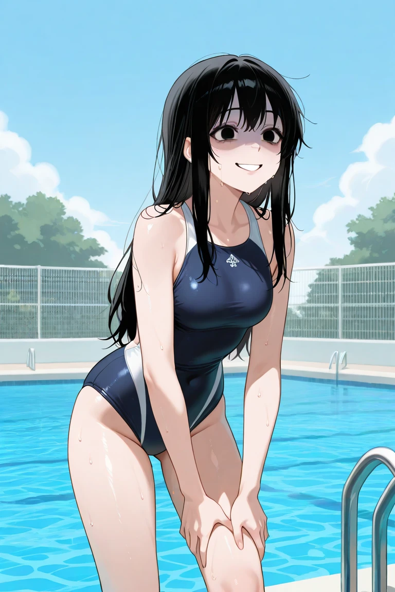 score_9, score_8_up, score_7_up, score_6_up, wabaki_style, BREAK
1girl, solo, nagatoro hayase, small breasts, looking at viewer, smile, fang, dark-skinned female, yellow eyes, one-piece swimsuit, hand on own shoulder, school swimsuit, kneeling, medium shot, from side,poolside,
<lora:wabaki_xl4:1>
