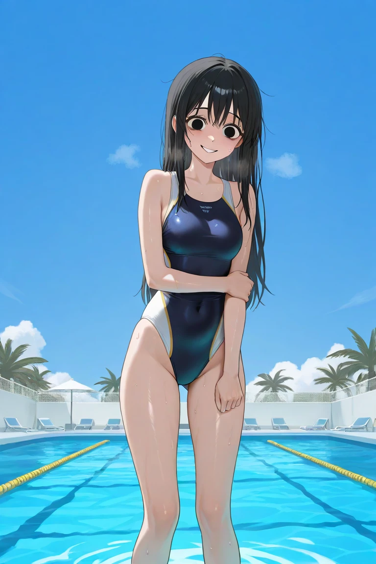 ランダムなポーズ、Random patterned swimsuit、Swimsuit,,Blushing、Pale brown eyes、Dark purple hair、Semi-long hair、Head to toe full body、Blushing、Embarrassed look、Composition from the front、A view from slightly below、school swimwear、Acme Face、Random pose、, 、nsfw、Highest quality、1 girl、solo、Ocean、Sandy Beach、Sexy pose、Random pose、Blushing、wet、Embarrassed、I can see half of my 、、One piece swimsuit、(Strap slip:1.3)、Swimsuit