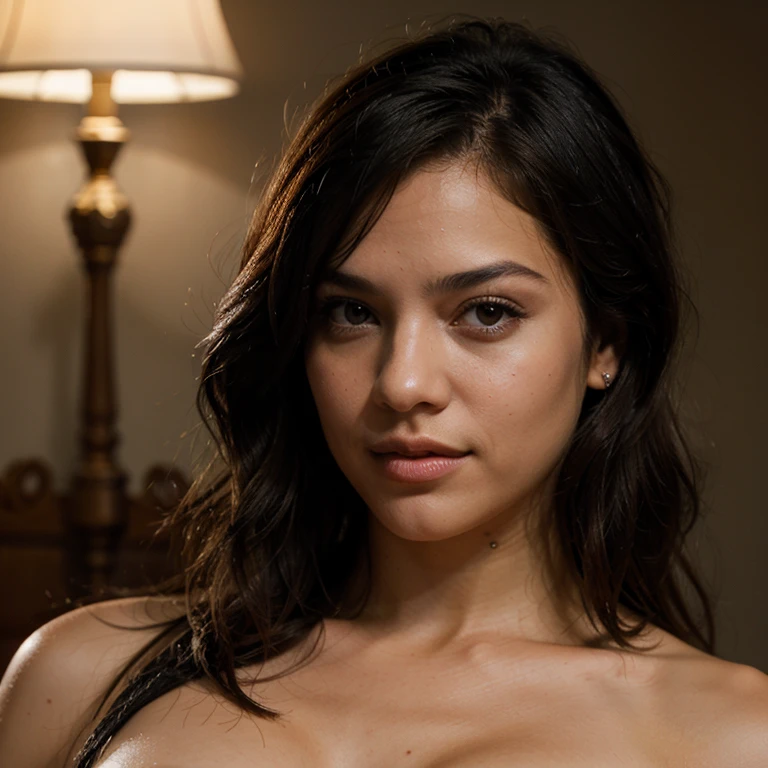 (best quality,ultra-detailed,realistic:1.37),portrait,beautiful sexy cuban girl,seductive pose,black lingerie,bend over wall,detailed face,,long dark hair,,feminine charm,mysterious smile,alluring gaze,vivid colors,warm tone lighting,soft shadows, laying on back