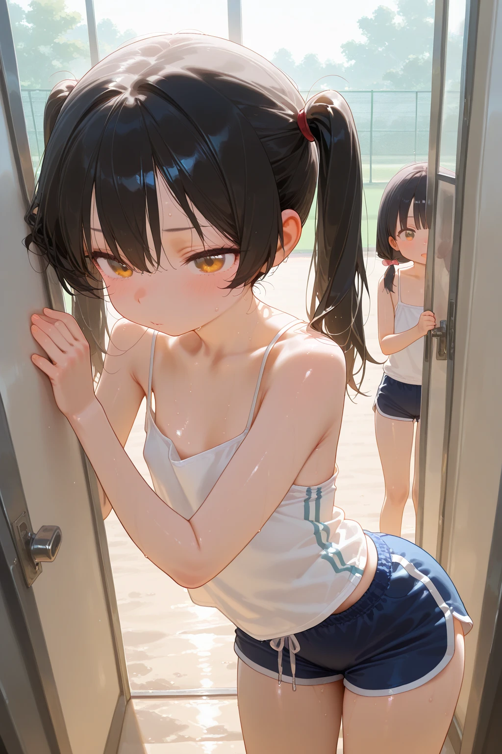 (8K, RAW photo, best quality, masterpiece:1.3),(real,photo:1.37),(Black Hair),posture,1 Girl,Very beautiful face,Lovely,(small),(Put your hands down))),Poggy Hairstyle,Random Expression,(White T-shirt),JK_style,(sports Shorts) ,Black Hair,(1),Humble,Five fingers,Normal hand,small Mouth,Straight Hair