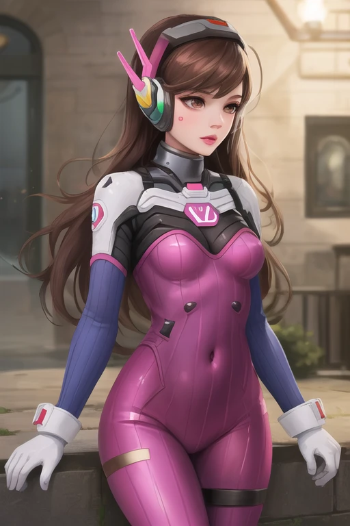 ((masterpiece,best quality)), Amourath cosplaying as D.VA, red hair, headphones, whisker markings, shoulder pads, blue bodysuit, ribbed bodysuit, animal print, clothes writing, long sleeves, white gloves, cowboy shot, standing, holding weapon, handgun, smile, cyberpunk,