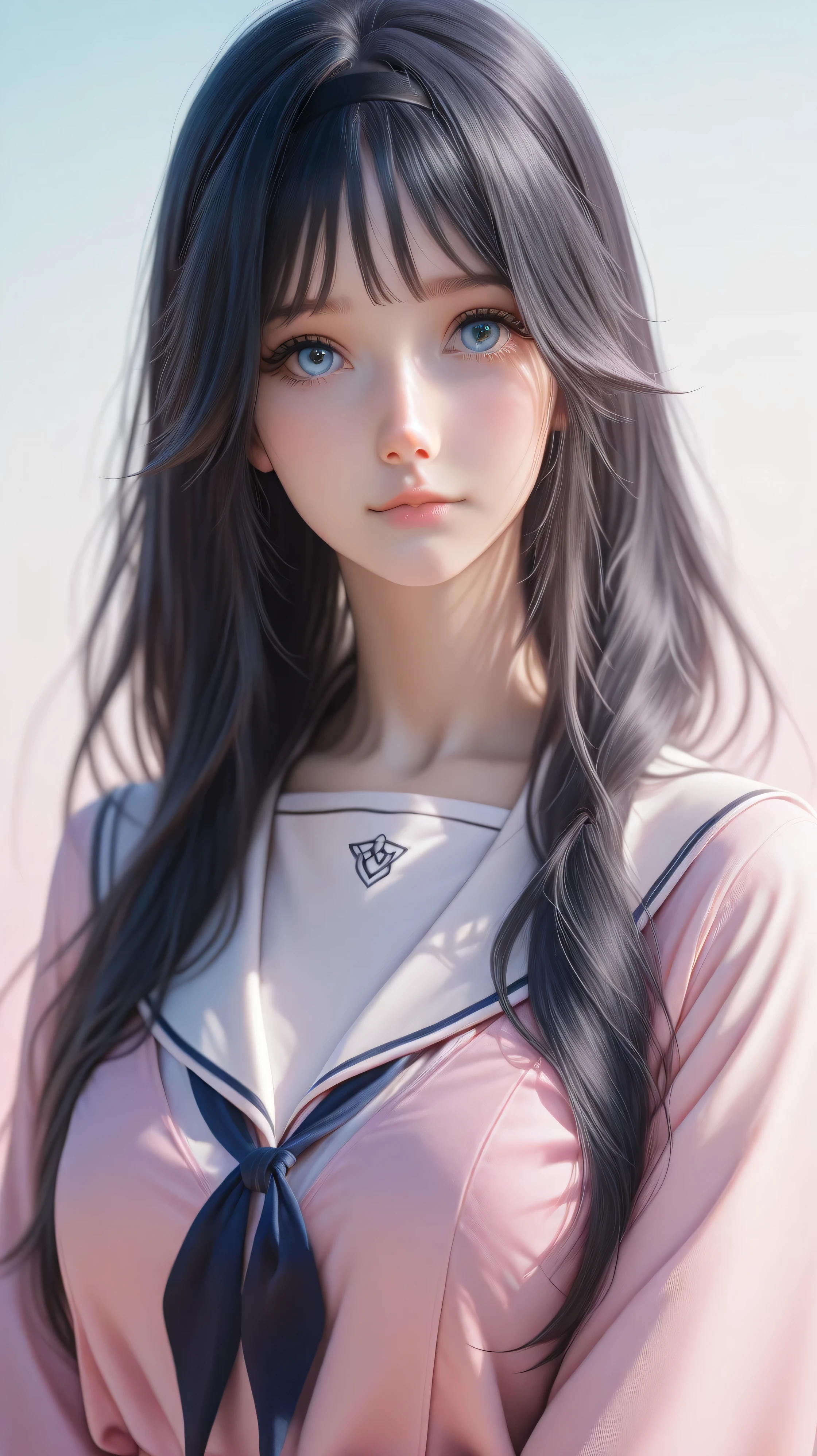 kaoruko,blue eyes,black hairband, school uniform, pink dress, white sailor collar, white shirt, serafuku, petite anime girl, black hair, long hair, calm expression, wearing a refined,
1girl, solo, Hype4realistic, Realistic, Ultra-Realistic, looking at the viewer, half body