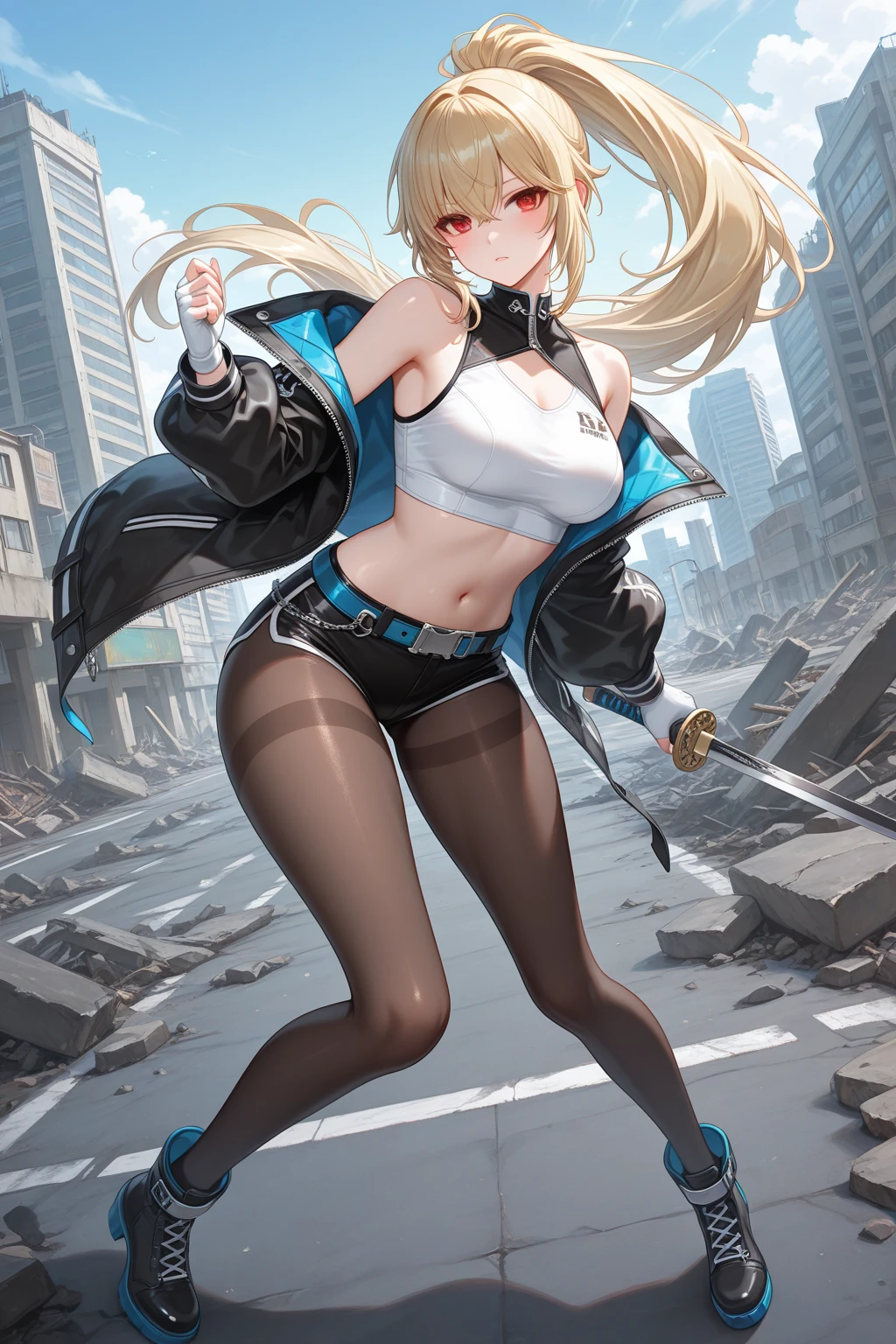 ((masterpiece)), ((best quality)), (ultra-detailed), ((kawaii)), cute, (lovely), ((sexy)), ((extremely detailed)), 4K, (8K), best quality, (beautiful), (anime style:1.2), flat color, painting, //, dynamic pose ((nsfw)), //, full body, gradation, Beautiful girl with blonde hair，with hair dishevelled，long blonde hair，Sick，White pupils，The legs are very thin，The legs are long, blue eyelashes, ​masterpiece, 1girl ((20 years old)), Princess peach,  (white sports bra), white crop top, (black pencil skirt), (black suspenders), (black loose ankle socks), (red sneakers), (fingerless gloves), from sides, Smile, Long hair, (blonde hair, Deep Blue Eyes:1.2), Sparkling eyes, (Perfect eyes:1.2), (Perfect iris:1.2), //, (cool), //, shiny-glistening, ultra shiny body, gleaming, Cute face, kawaii, Large breasts, delicate hair, disheveled hair, bar, pub ((7th heaven)) , ((ground view)) Tall and tall，Thin, 8k, ultrarealistik, oficial art, NSFW, blush