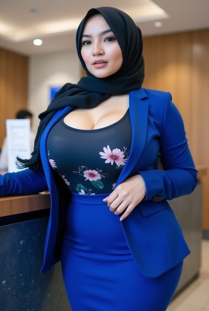 RAW, Best quality, high resolution, masterpiece: 1.3), 1 beautiful russian girl in full hijab, 20 years old,Masterpiece, perfect fit body, big breast, Soft smile,thick thighs,muslim close up of a woman, wearing elegant casual clothes, modern hijab, girl in sexy office suit, wearing a sexy peplum blazer, (cleavage cutout), micro skirt, sexy office clothes, afternoon walk, City garden, Excellent lighting, Bright colors, Clean lines
