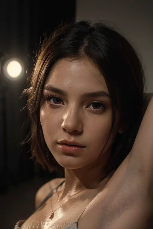 photo, rule of thirds, dramatic lighting, short hair, detailed face, detailed nose, woman wearing tank top, freckles, collar or choker, smirk, tattoo, intricate background